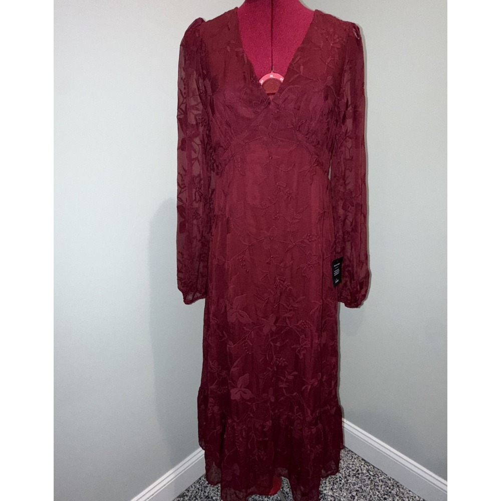 Lulus Sz L Floral Spring‎ Summer Burgundy Chiffon Embroidered Midi Dress